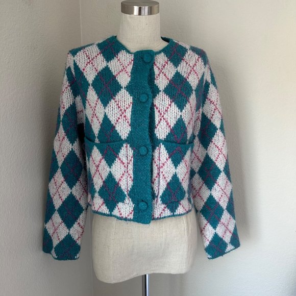 Zara Argyle Knit Jacquard Sweater Cardigan Round Neck Blue Color Sz S - Picture 2 of 8